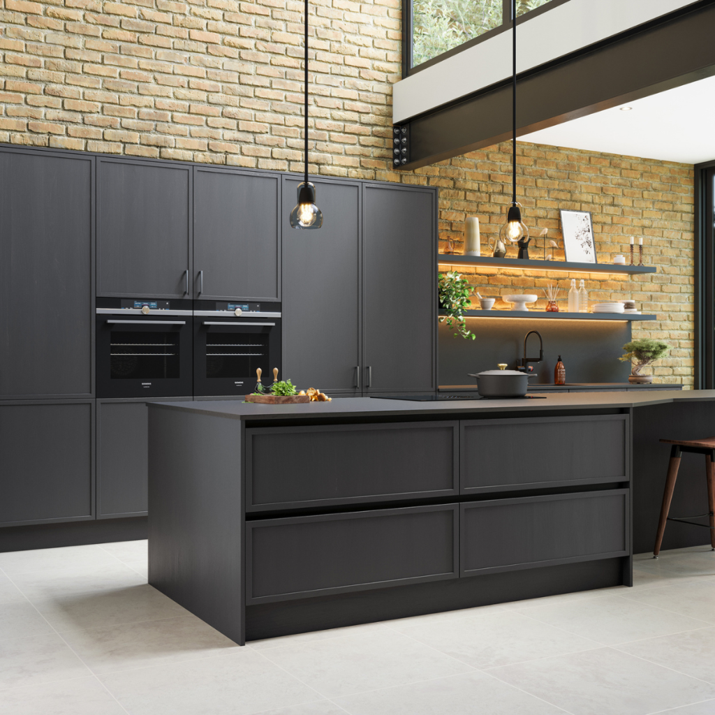 Statement kitchens in Redhill featuring dark cabinetry, exposed brick walls and sleek open shelving