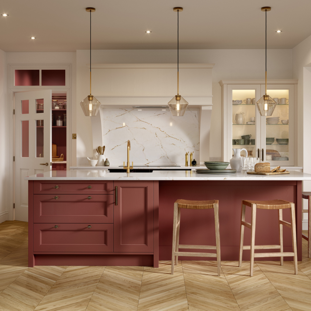 Elegant shaker-style kitchens in Reigate with burgundy island and marble splash-back