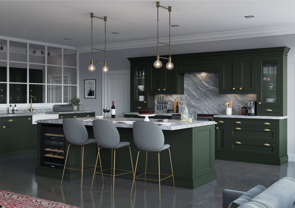 Dark green shaker kitchen with full-height cabinetry, marble worktop island and brass pendant lighting