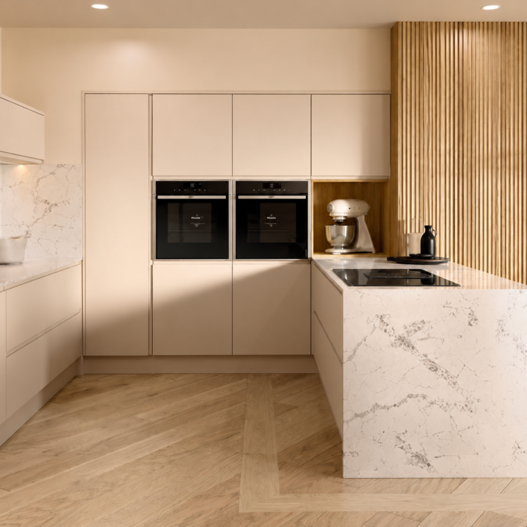 Cream handleless kitchen with marble quartz island, integrated ovens and herringbone wood floor, designed by Lime Designs