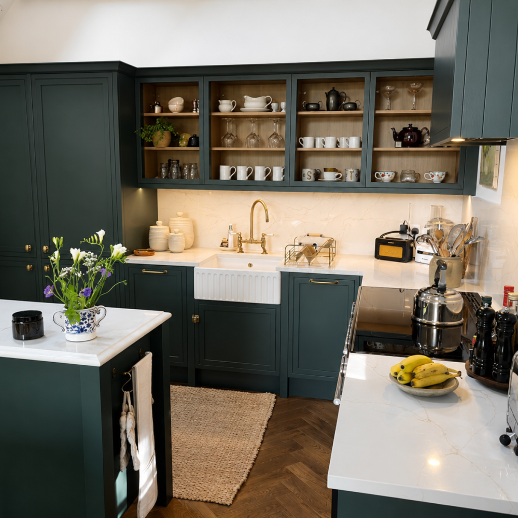 Dark green shaker kitchen with open glass cabinets, Belfast sink, brass tap and white quartz worktop, installed by Lime Designs