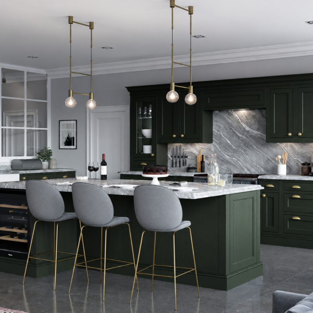 Dark green shaker kitchen with marble worktop island, brass pendant lights and bar stools, designed and installed by Lime Designs